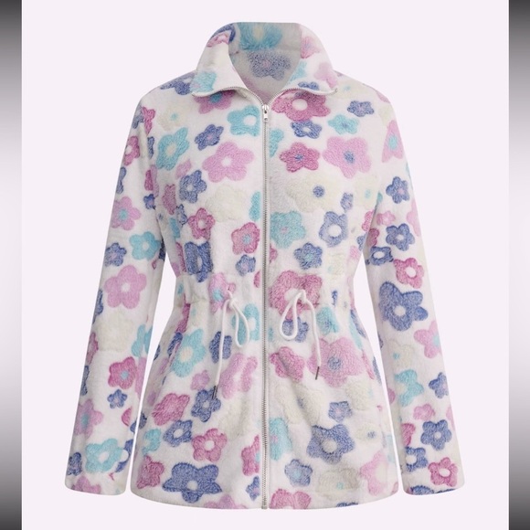 Floral Zip Up Long Sleeve Boutique Teddy Coat with Pockets - NWT 2XL - Picture 2 of 10